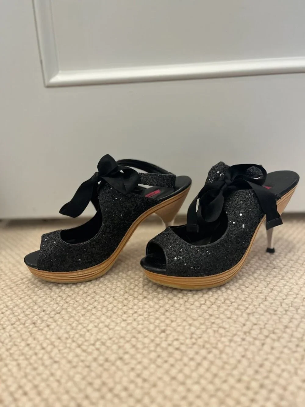 Vintage Betsey Johnson Glitter Platform Heels w/ Peep Toe and Satin Straps US 9